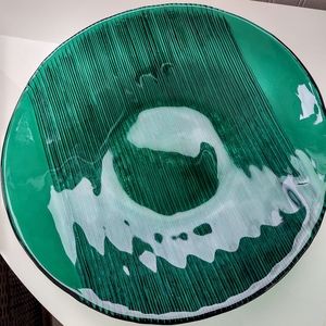 Gorgeous MCM Spring Summer vibrant Green ribbed art glass bowl platter planter